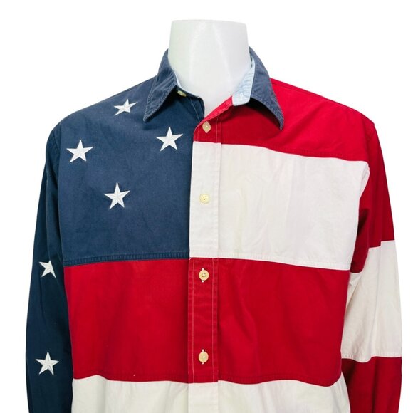 VTG Tommy Hilfiger American Flag Button Shirt USA Patriotic Stars Stripes Size L - Picture 4 of 13